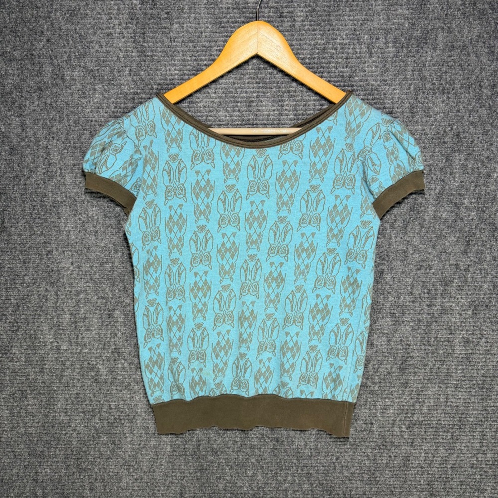 Vintage Owl Argyle Print Short Sleeve Shirt Blue Green